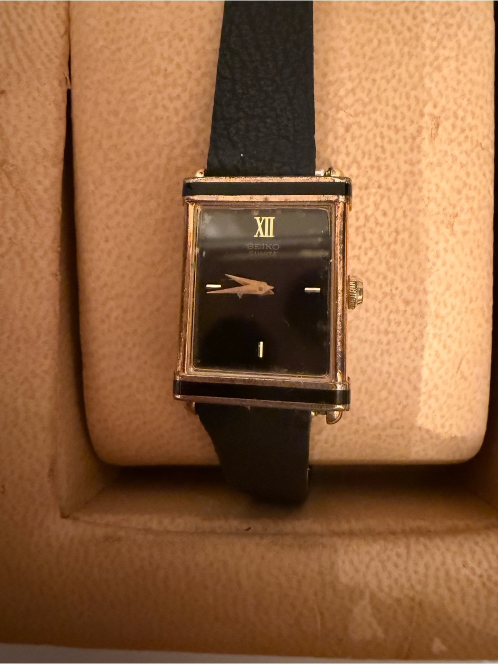 Seiko Black Dial Gold-Tone Rectangular Watch with Black Leather Strap